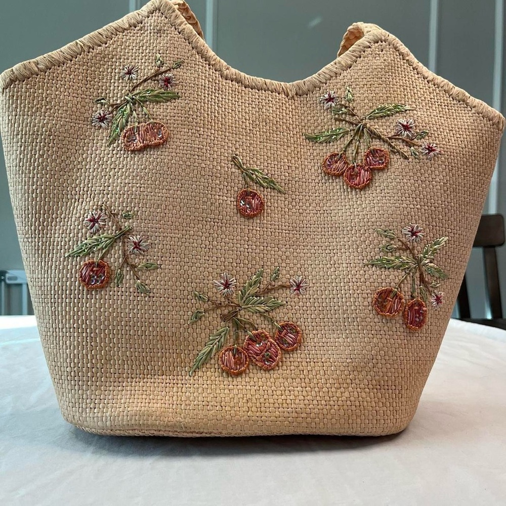 Straw Cherry Embroidered Tote